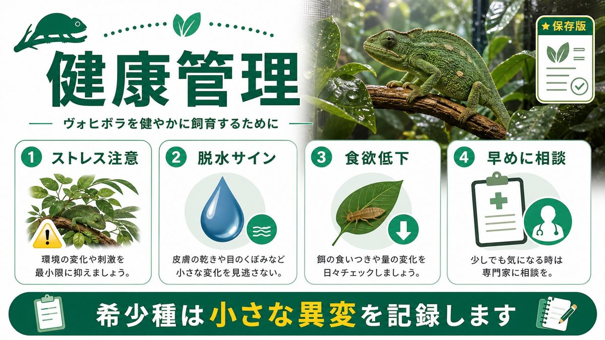 注意点・健康管理 - 起こりやすいトラブルの要点をまとめたカメレオン・爬虫類飼育インフォグラフィック