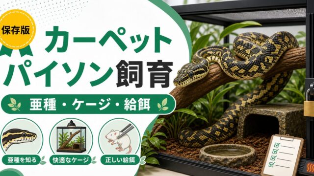 カーペットパイソン飼育完全ガイド！オーストラリア産中型パイソンの特徴・ケージ・餌と亜種一覧の要点を伝えるカメレオン・爬虫類記事アイキャッチ画像