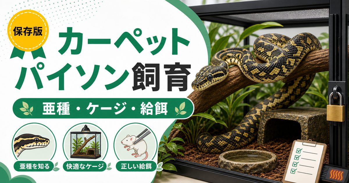 カーペットパイソン飼育完全ガイド！オーストラリア産中型パイソンの特徴・ケージ・餌と亜種一覧の要点を伝えるカメレオン・爬虫類記事アイキャッチ画像