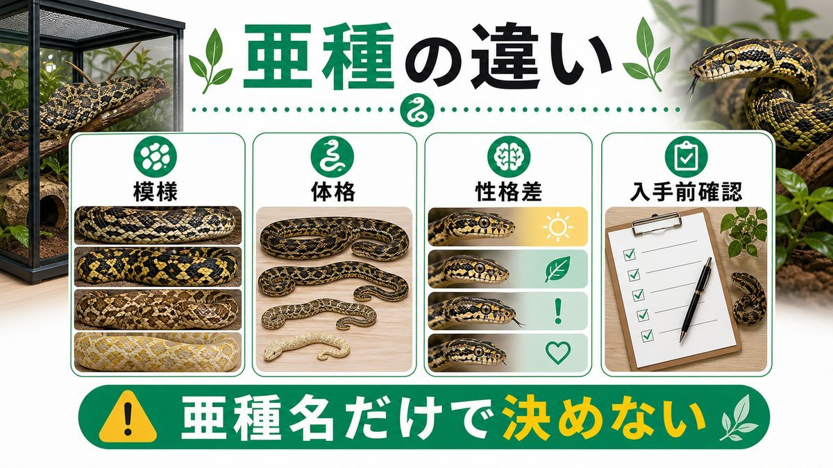 亜種の種類と特徴一覧の要点をまとめたカメレオン・爬虫類飼育インフォグラフィック