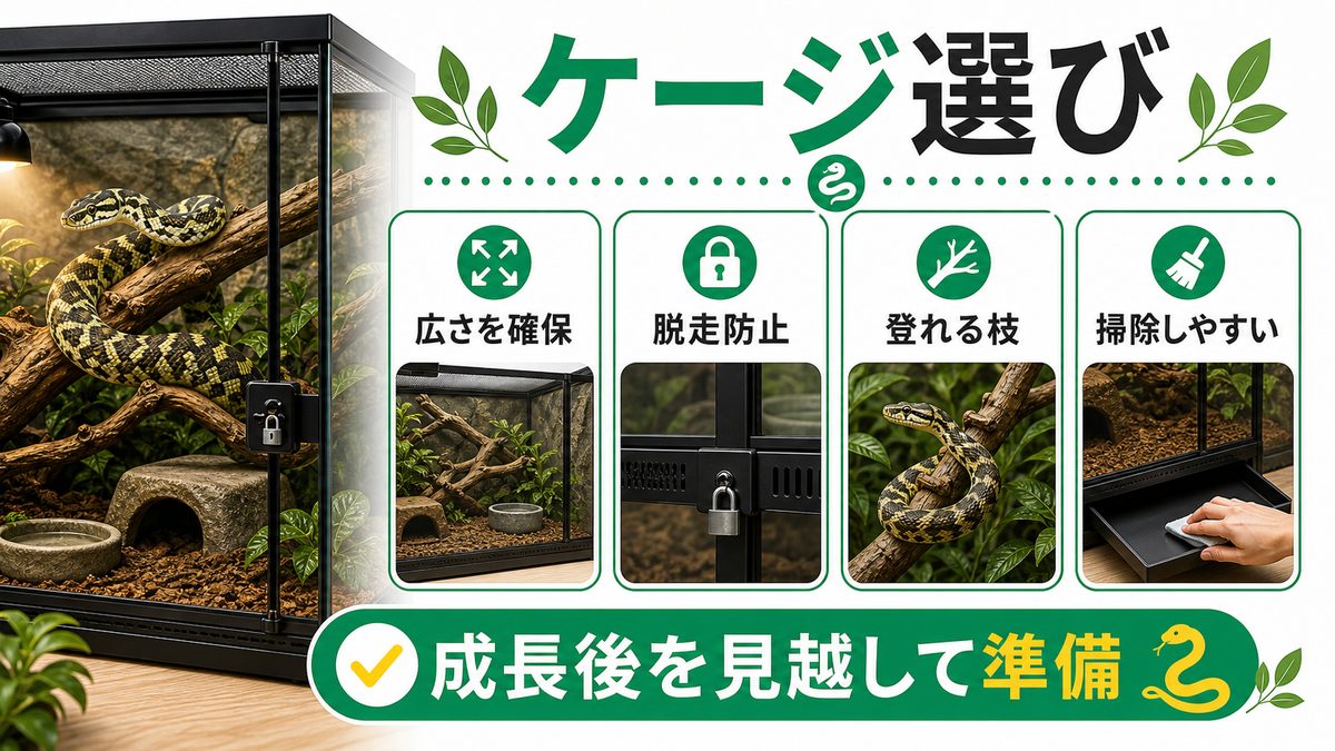飼育ケージ・設備選びの要点をまとめたカメレオン・爬虫類飼育インフォグラフィック