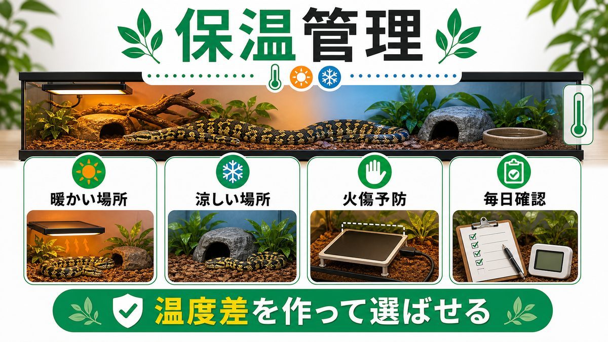 温度・保温管理の要点をまとめたカメレオン・爬虫類飼育インフォグラフィック