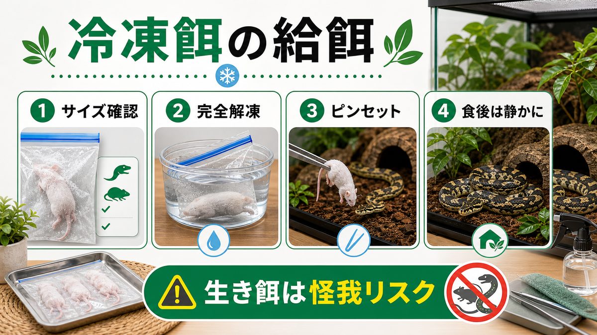 餌の与え方(冷凍マウス・ラット)の要点をまとめたカメレオン・爬虫類飼育インフォグラフィック