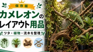 【カメレオンとアクセサリー】人工ツタ・観葉植物・流木など飼育レイアウトに使えるアイテム17選！の要点を伝えるカメレオン・爬虫類記事アイキャッチ画像
