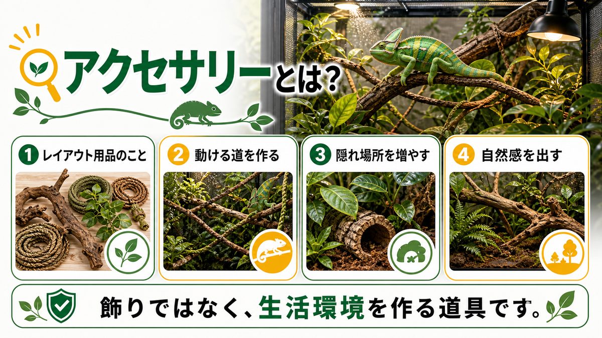 カメレオンのアクセサリーについての要点をまとめたカメレオン・爬虫類飼育インフォグラフィック
