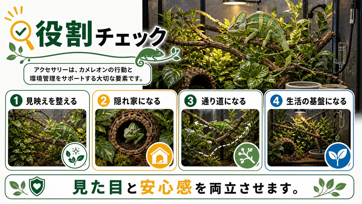 アクセサリーの役割についての要点をまとめたカメレオン・爬虫類飼育インフォグラフィック