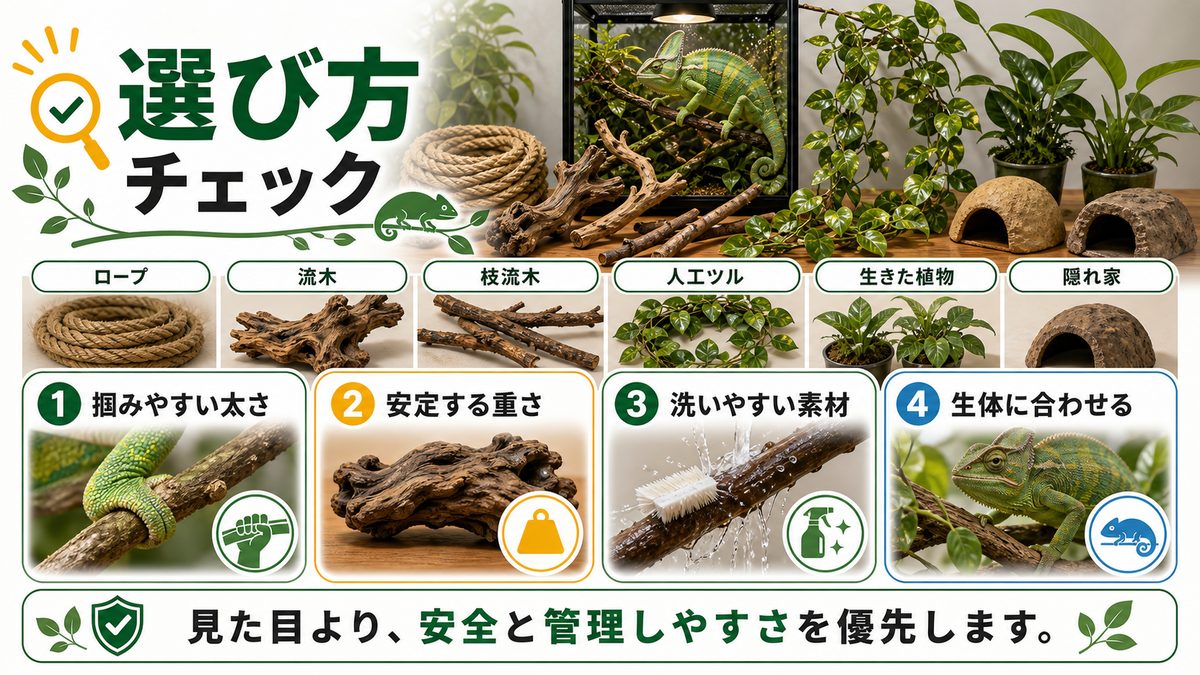 レイアウトにオススメのアクセサリーのご紹介！の要点をまとめたカメレオン・爬虫類飼育インフォグラフィック