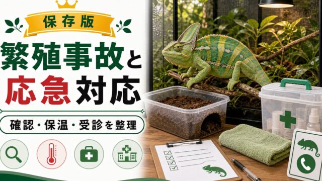 カメレオンの繁殖にまつわる事故や病気・適切な応急処置の方法と病院に行くべきかどうかも解説！の要点を伝えるカメレオン・爬虫類記事アイキャッチ画像
