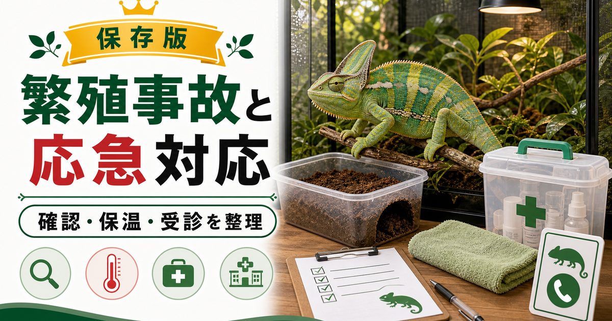 カメレオンの繁殖にまつわる事故や病気・適切な応急処置の方法と病院に行くべきかどうかも解説！の要点を伝えるカメレオン・爬虫類記事アイキャッチ画像