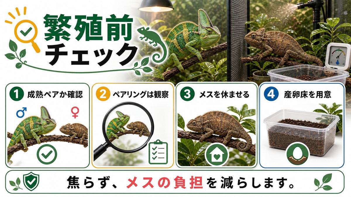 ちょっとおさらい！カメレオンの繁殖に必要な注意点について！の要点をまとめたカメレオン・爬虫類飼育インフォグラフィック