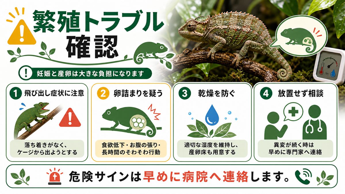 カメレオンの繁殖にまつわる病気とは？の要点をまとめたカメレオン・爬虫類飼育インフォグラフィック