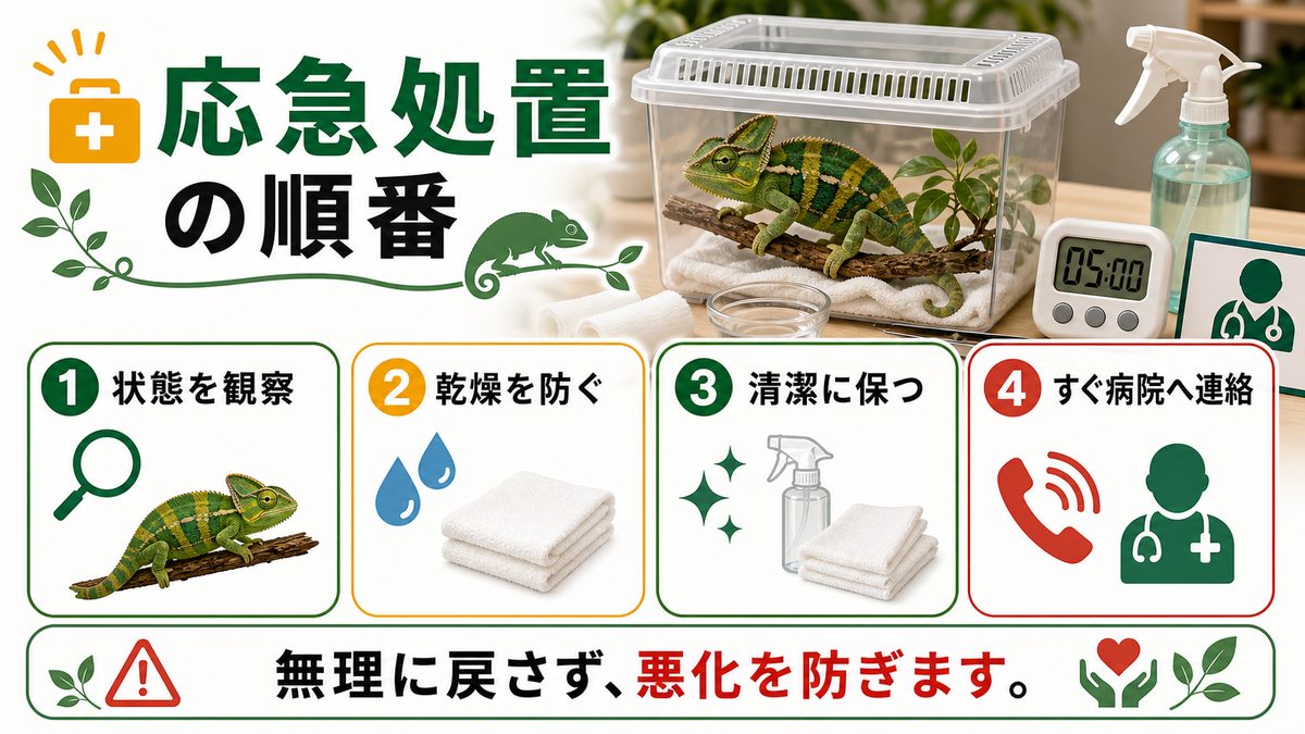 これらの病気になってしまったら！？〜応急処置〜の要点をまとめたカメレオン・爬虫類飼育インフォグラフィック