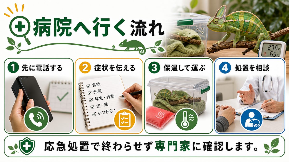これらの病気になってしまったら〜病院編〜の要点をまとめたカメレオン・爬虫類飼育インフォグラフィック
