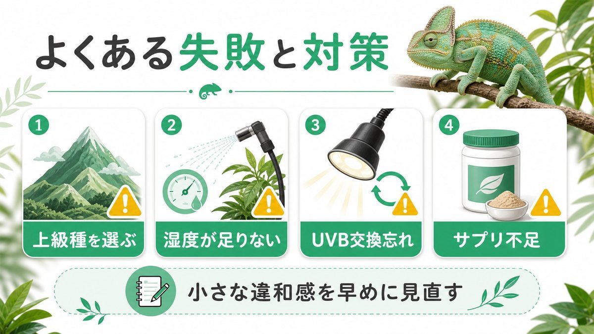 よくある失敗と対策の要点をまとめたカメレオン・爬虫類飼育インフォグラフィック