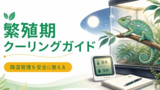カメレオンの繁殖期クーリング完全ガイド！降温管理・クールダウンの方法・繁殖スイッチの入れ方を徹底解説の要点を伝えるカメレオン・爬虫類記事アイキャッチ画像