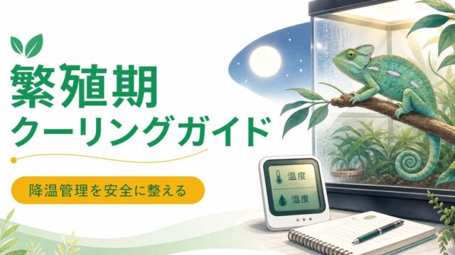 カメレオンの繁殖期クーリング完全ガイド！降温管理・クールダウンの方法・繁殖スイッチの入れ方を徹底解説の要点を伝えるカメレオン・爬虫類記事アイキャッチ画像