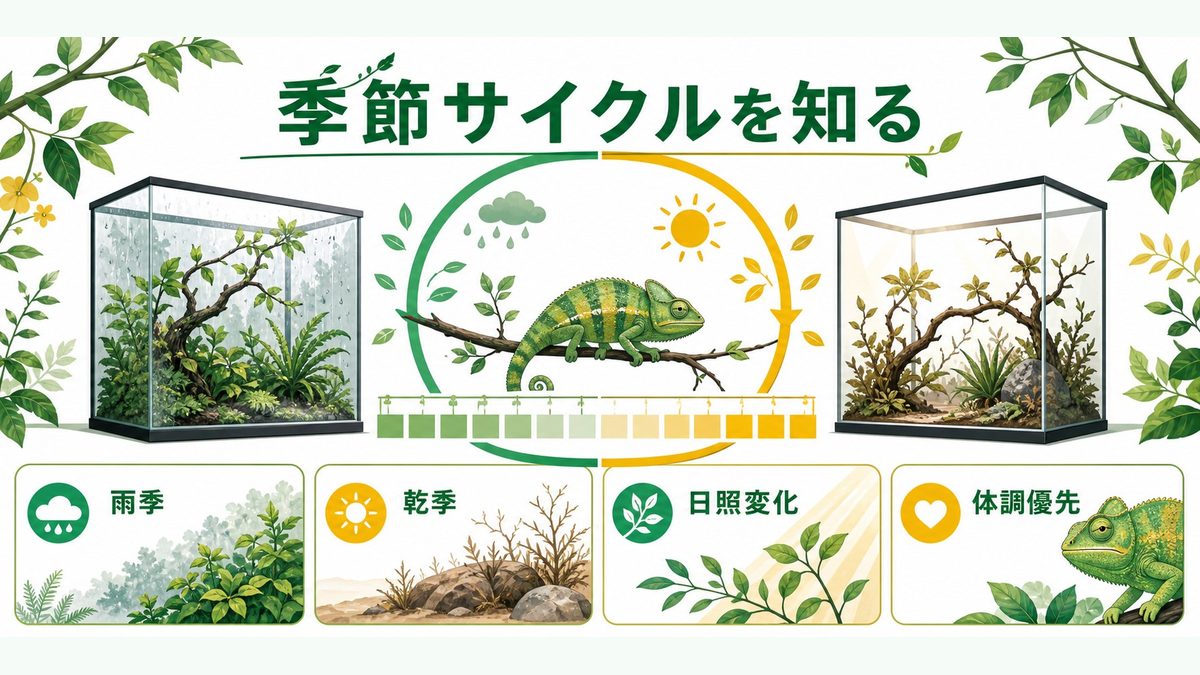 🌿 なぜクーリングが繁殖に必要なの？野生の季節サイクルを理解しようの要点をまとめたカメレオン・爬虫類飼育インフォグラフィック
