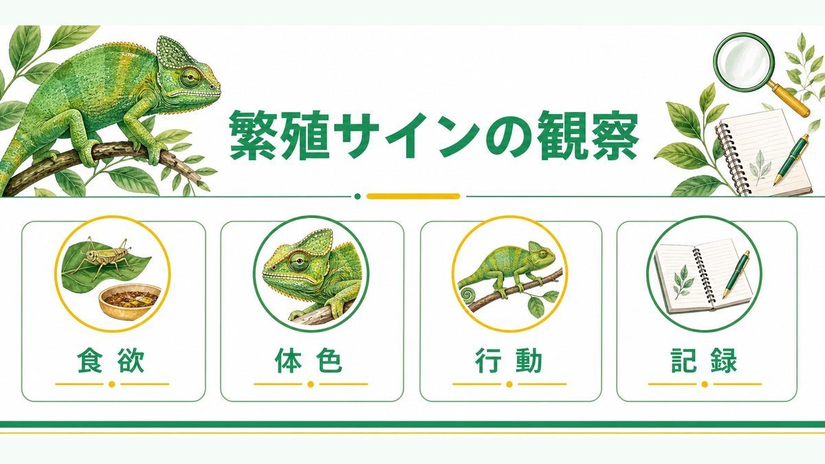 💚 クーリング後の繁殖サインを見逃さないで！の要点をまとめたカメレオン・爬虫類飼育インフォグラフィック