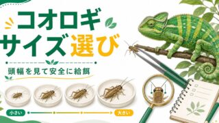 コオロギのサイズ選び完全ガイド！カメレオン・爬虫類へのSS〜Lサイズ別の適切な与え方・頭幅の目安・危険なサイズを徹底解説の要点を伝えるカメレオン・爬虫類記事アイキャッチ画像