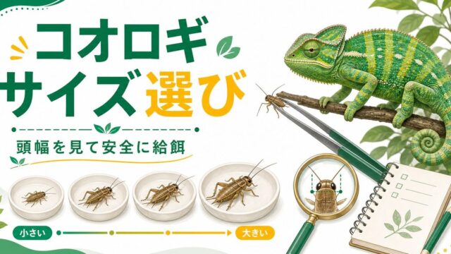 コオロギのサイズ選び完全ガイド！カメレオン・爬虫類へのSS〜Lサイズ別の適切な与え方・頭幅の目安・危険なサイズを徹底解説の要点を伝えるカメレオン・爬虫類記事アイキャッチ画像