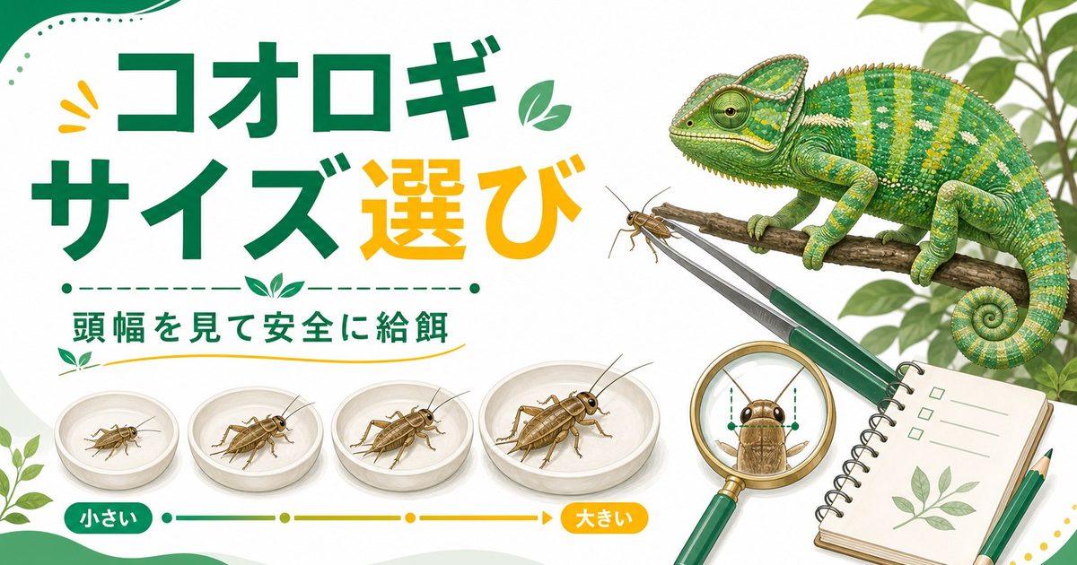 コオロギのサイズ選び完全ガイド！カメレオン・爬虫類へのSS〜Lサイズ別の適切な与え方・頭幅の目安・危険なサイズを徹底解説の要点を伝えるカメレオン・爬虫類記事アイキャッチ画像