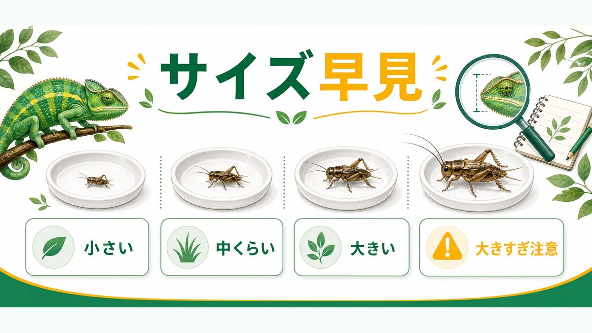 コオロギのサイズ一覧早見表（SS〜L）の要点をまとめたカメレオン・爬虫類飼育インフォグラフィック