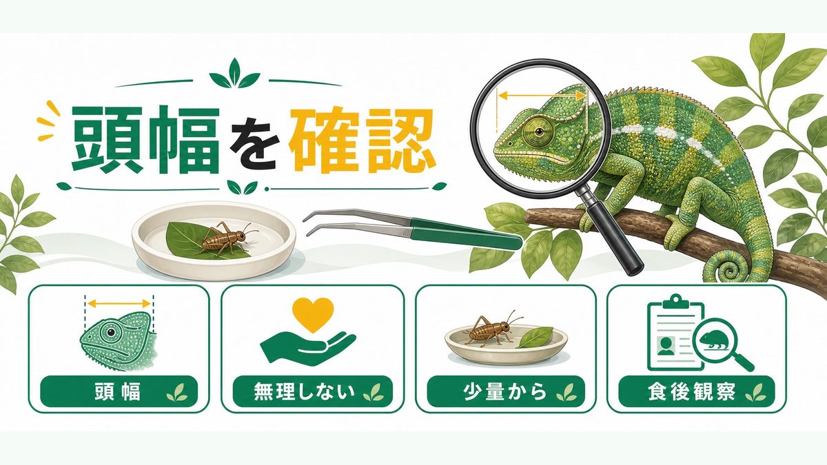 Mサイズ（成体メイン）の頭幅確認と給餌の要点をまとめたカメレオン・爬虫類飼育インフォグラフィック