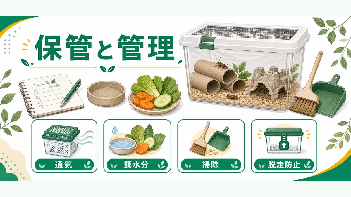 コオロギの保管ケース・管理の基本の要点をまとめたカメレオン・爬虫類飼育インフォグラフィック