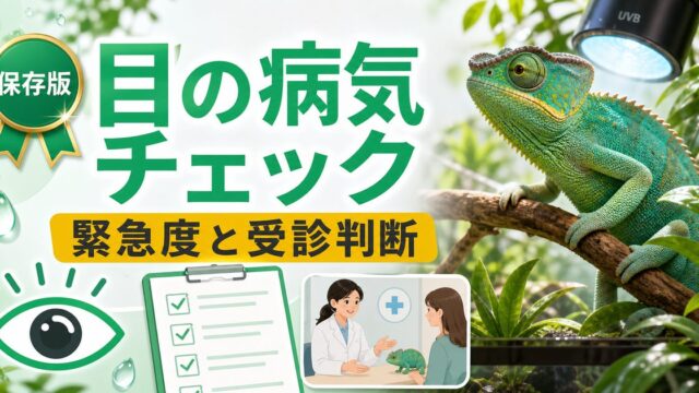カメレオンの目の病気完全ガイド！眼瞼炎・眼球突出・目が開かない原因と対処法を徹底解説の要点を伝えるカメレオン・爬虫類記事アイキャッチ画像