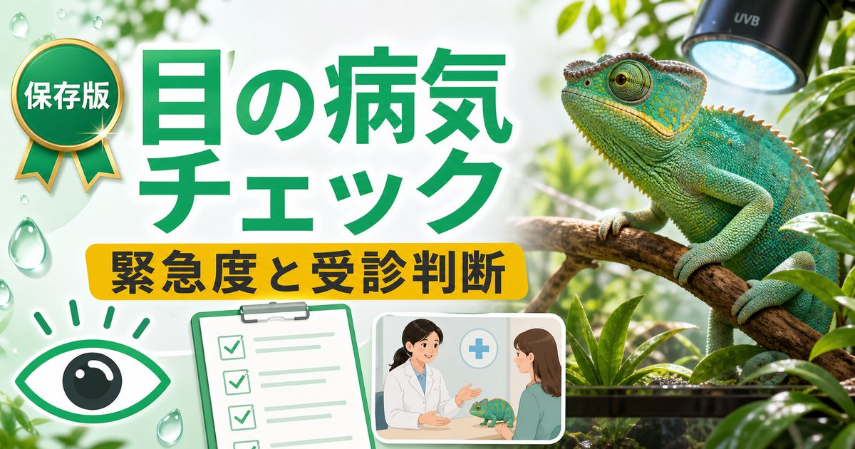 カメレオンの目の病気完全ガイド！眼瞼炎・眼球突出・目が開かない原因と対処法を徹底解説の要点を伝えるカメレオン・爬虫類記事アイキャッチ画像