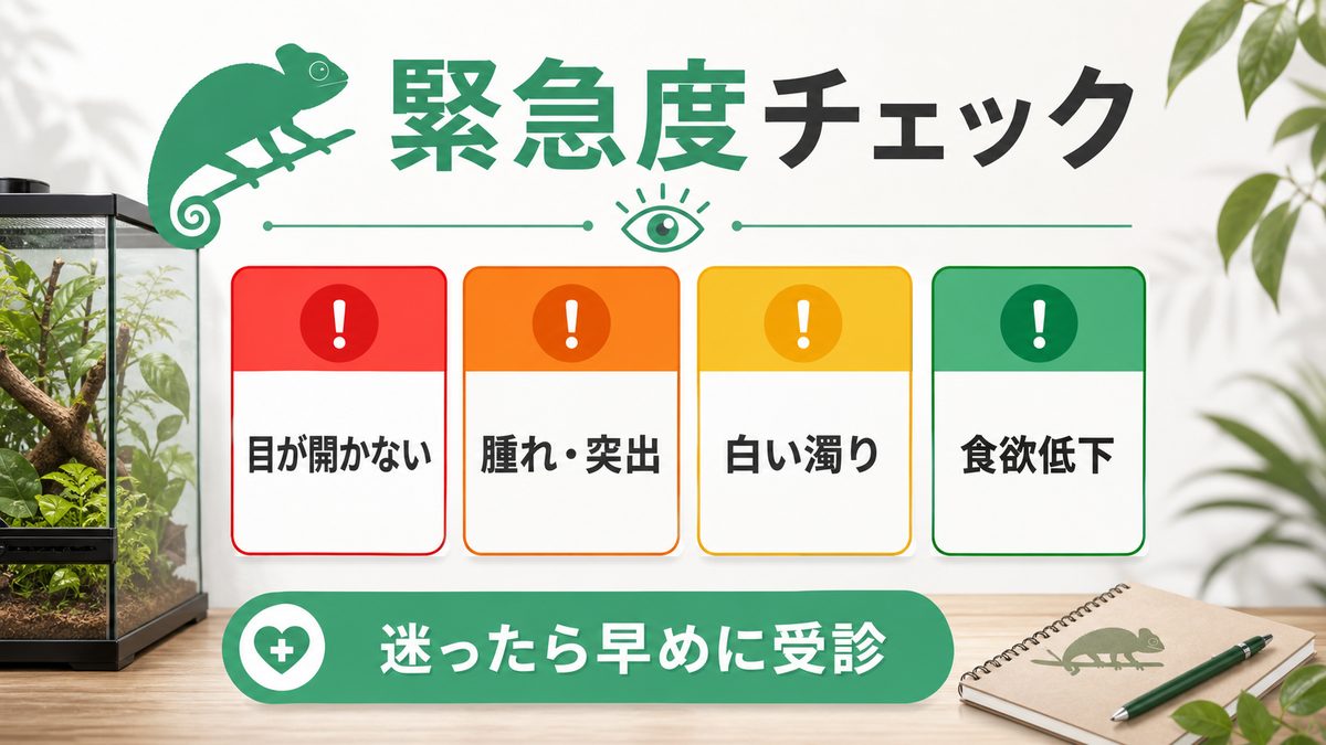カメレオンの目の病気チェックリスト｜緊急度で確認🚨の要点をまとめたカメレオン・爬虫類飼育インフォグラフィック