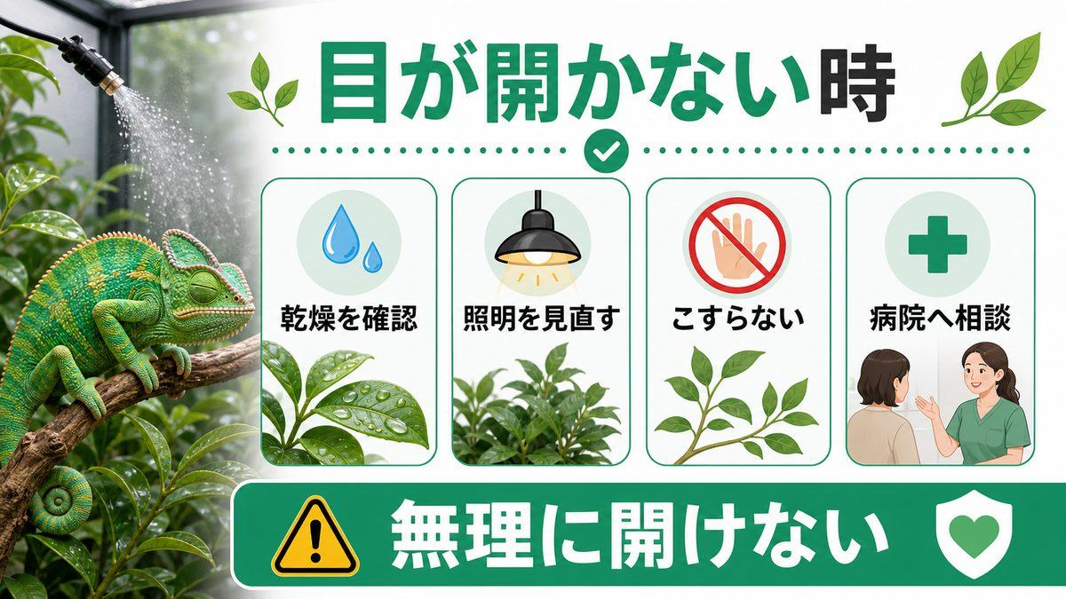 目が開かない｜眼瞼癒着（がんけんゆちゃく）の原因と対処の要点をまとめたカメレオン・爬虫類飼育インフォグラフィック