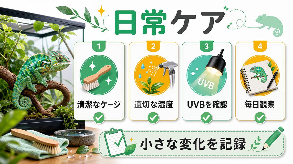 カメレオンの目の病気を防ぐ！環境管理と日常ケアの要点をまとめたカメレオン・爬虫類飼育インフォグラフィック