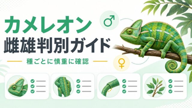 カメレオンのオス・メス見分け方完全ガイド！種別の雌雄判別ポイント・飼育の違い・購入時の注意点を徹底解説の要点を伝えるカメレオン・爬虫類記事アイキャッチ画像