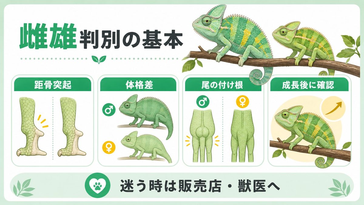 カメレオンの雌雄判別の基本―タルソルスパー(距骨突起)とはの要点をまとめたカメレオン・爬虫類飼育インフォグラフィック