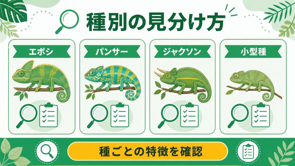 種別の雌雄判別ポイントの要点をまとめたカメレオン・爬虫類飼育インフォグラフィック