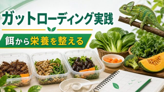 ガットローディング完全ガイド【上級編】！爬虫類・カメレオン向け高栄養化食材・サプリローテ・タイミングを徹底解説の要点を伝えるカメレオン・爬虫類記事アイキャッチ画像