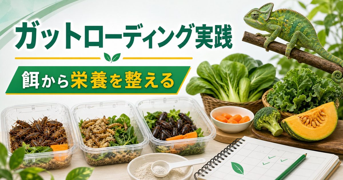 ガットローディング完全ガイド【上級編】！爬虫類・カメレオン向け高栄養化食材・サプリローテ・タイミングを徹底解説の要点を伝えるカメレオン・爬虫類記事アイキャッチ画像