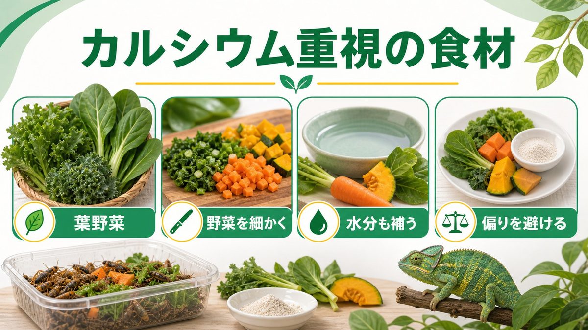 ②Ca:P比が高い最強食材リスト（カルシウム優先の食材選び）の要点をまとめたカメレオン・爬虫類飼育インフォグラフィック