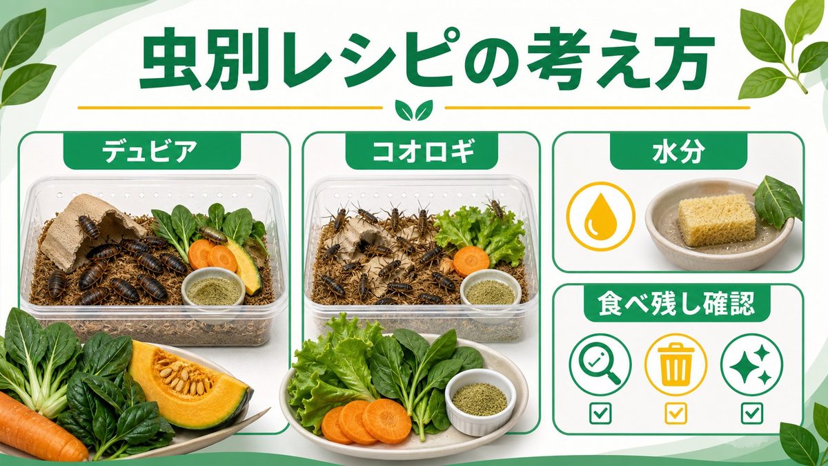 ④デュビア・コオロギ別のガットロードレシピ実践版の要点をまとめたカメレオン・爬虫類飼育インフォグラフィック