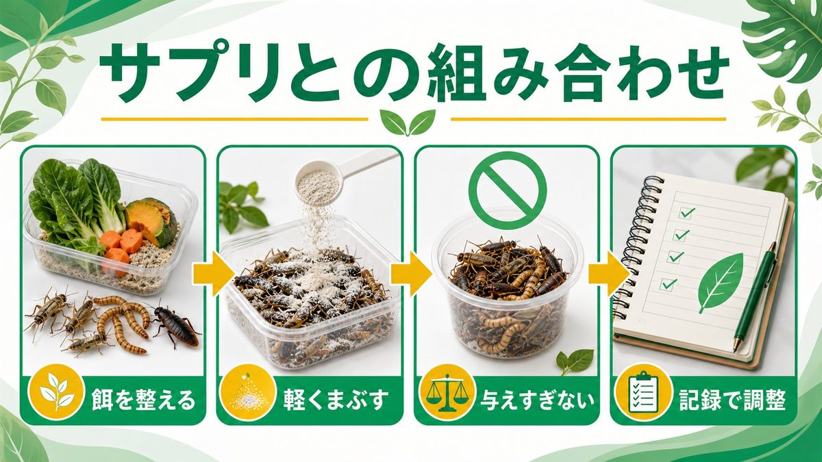 ⑤サプリダスティングとのタイミング設計とローテーション管理の要点をまとめたカメレオン・爬虫類飼育インフォグラフィック