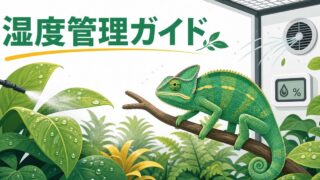 カメレオンの湿度管理完全ガイド！適切な湿度・霧吹きの頻度・乾燥対策を徹底解説の要点を伝えるカメレオン・爬虫類記事アイキャッチ画像