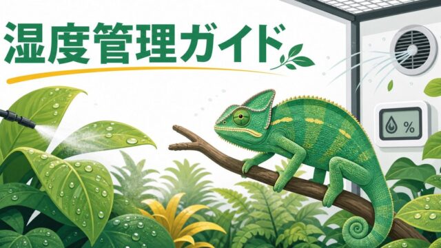 カメレオンの湿度管理完全ガイド！適切な湿度・霧吹きの頻度・乾燥対策を徹底解説の要点を伝えるカメレオン・爬虫類記事アイキャッチ画像