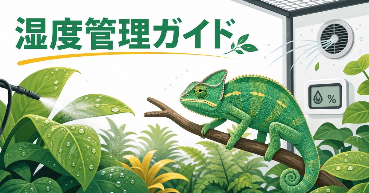 カメレオンの湿度管理完全ガイド！適切な湿度・霧吹きの頻度・乾燥対策を徹底解説の要点を伝えるカメレオン・爬虫類記事アイキャッチ画像