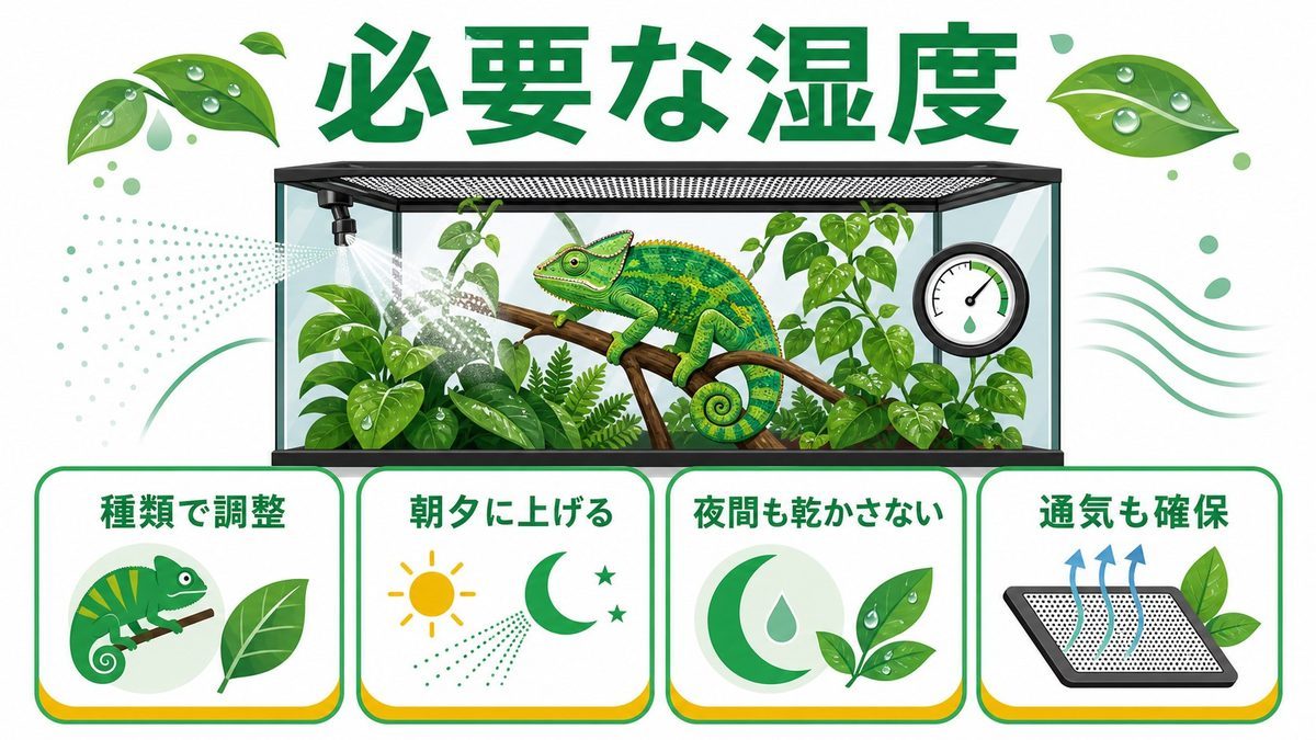 カメレオンに必要な湿度はどのくらい?の要点をまとめたカメレオン・爬虫類飼育インフォグラフィック