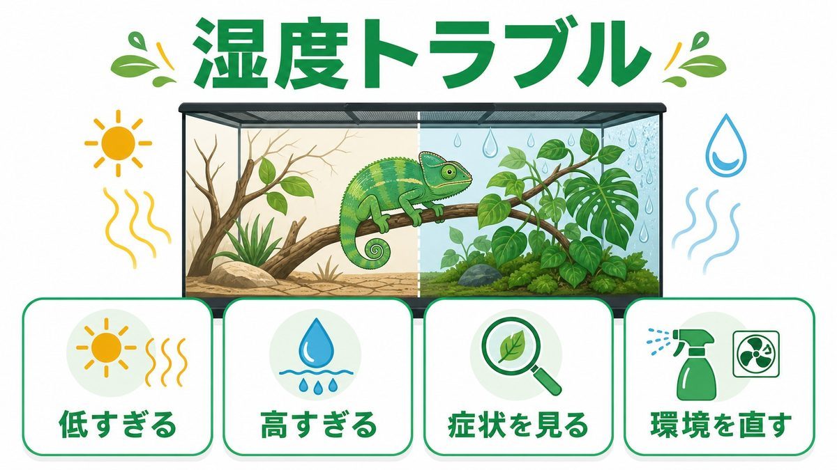 湿度が低い・高いとどうなる?症状と対策チェックの要点をまとめたカメレオン・爬虫類飼育インフォグラフィック