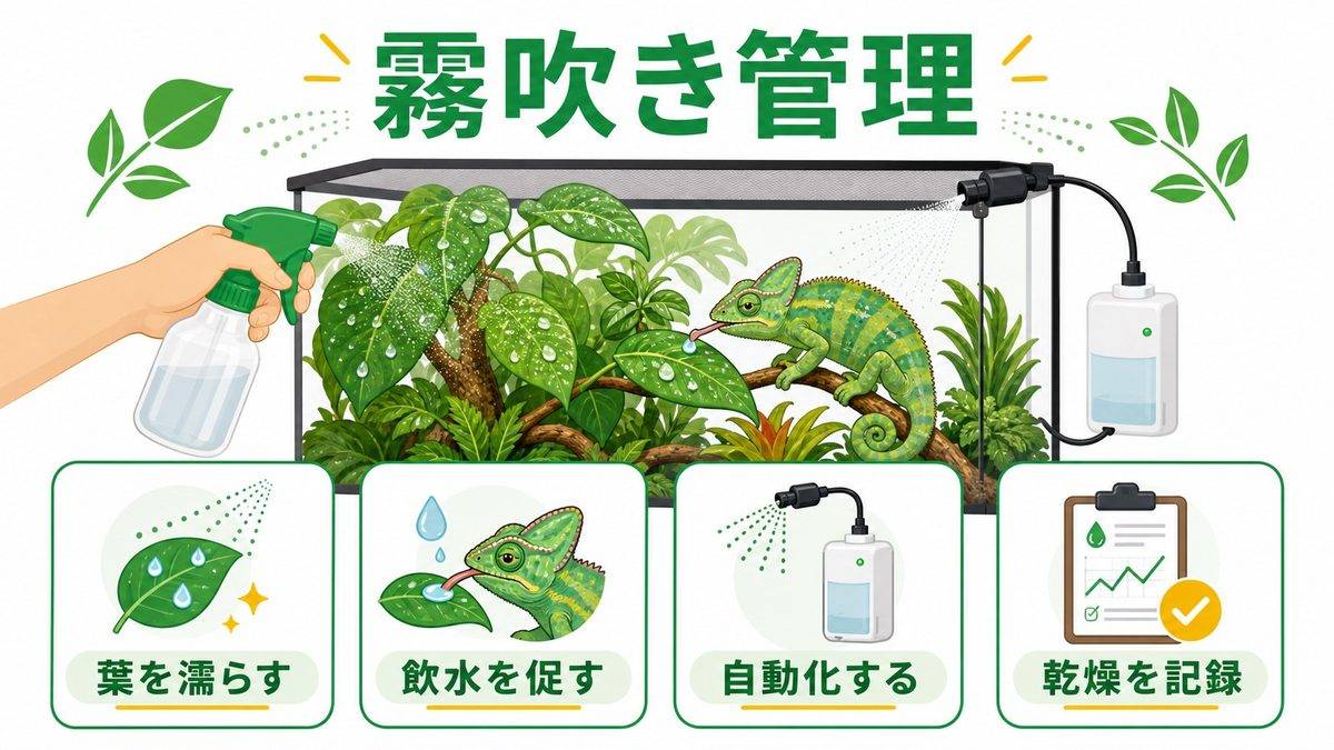 霧吹きの方法と頻度——手動 vs 自動ミスティングの要点をまとめたカメレオン・爬虫類飼育インフォグラフィック