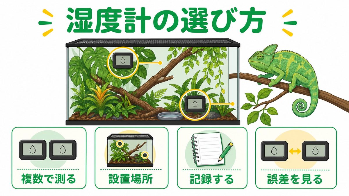湿度を正確に測る・管理する——デジタル湿度計の選び方の要点をまとめたカメレオン・爬虫類飼育インフォグラフィック