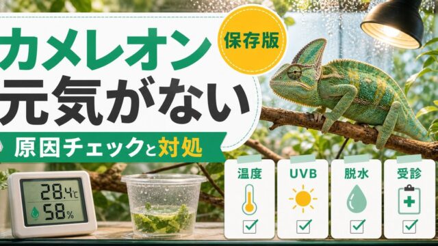 カメレオンが動かない・元気がない！原因チェックリストと対処法を徹底解説の要点を伝えるカメレオン・爬虫類記事アイキャッチ画像
