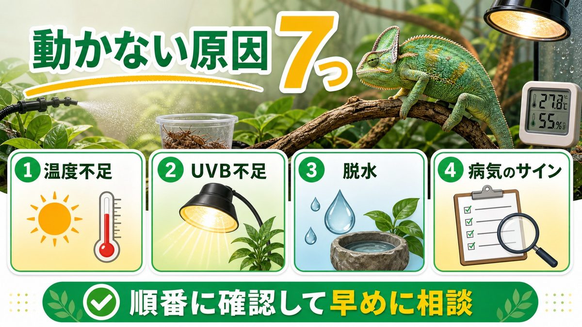 カメレオンが動かない！まず疑うべき7つの原因の要点をまとめたカメレオン・爬虫類飼育インフォグラフィック